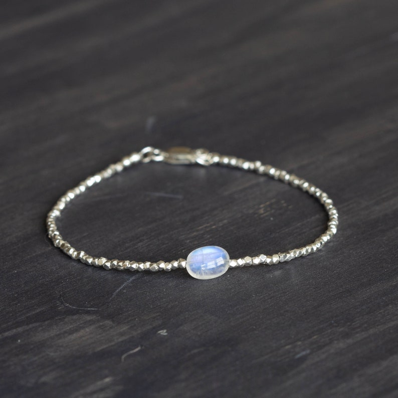 Dainty Fine Silver Bracelet with Rainbow Moonstone, Skinny Karen Hill Tribe Silver Stacking Bracelet