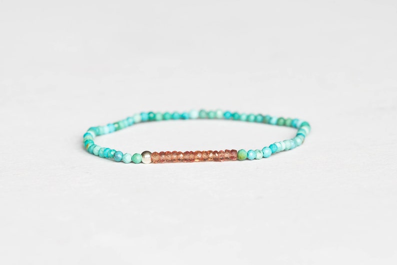 Dainty Turquoise Stretch Bracelet with Peach Sapphire, Delicate Beaded Arizona Turquoise Jewelry