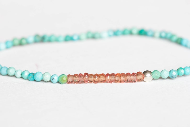 Dainty Turquoise Stretch Bracelet with Peach Sapphire, Delicate Beaded Arizona Turquoise Jewelry