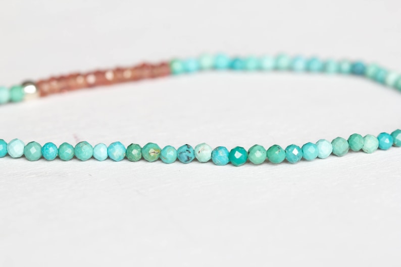 Dainty Turquoise Stretch Bracelet with Peach Sapphire, Delicate Beaded Arizona Turquoise Jewelry