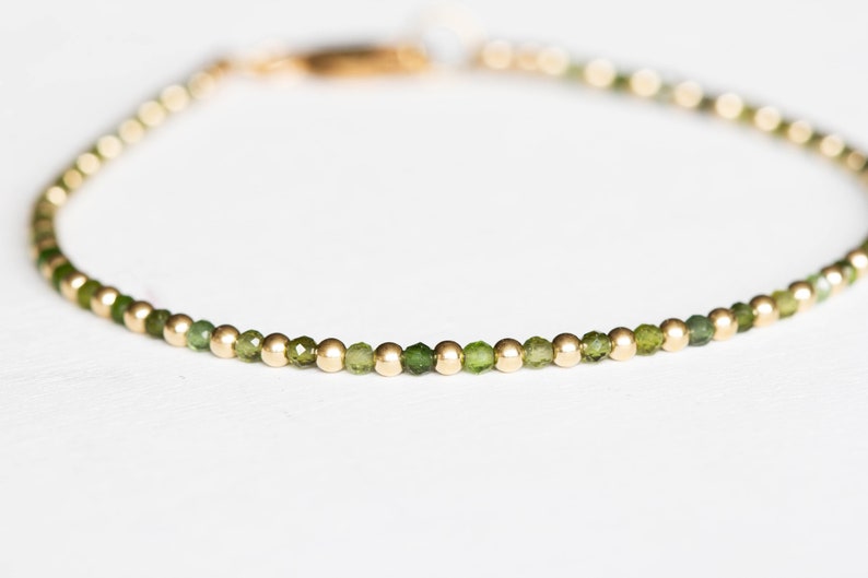 Green Tourmaline Bracelet with Rose Gold Fill or Sterling Silver, Ultra Dainty Beaded October Birthstone Jewelry
