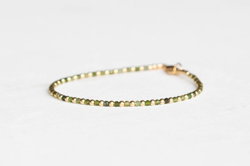 Green Tourmaline Bracelet with Rose Gold Fill or Sterling Silver, Ultra Dainty Beaded October Birthstone Jewelry