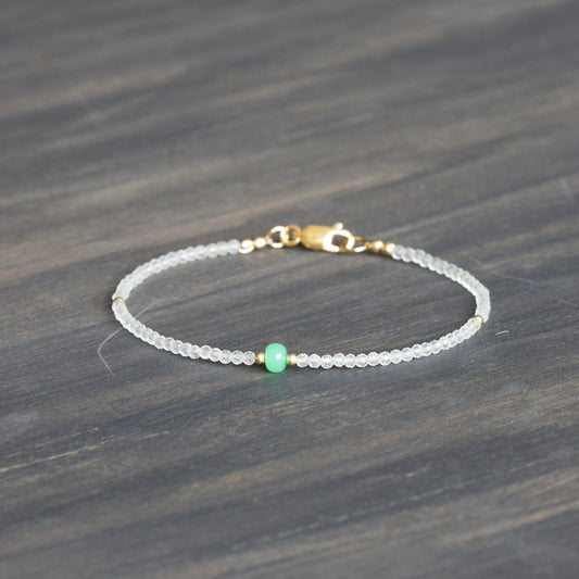 Dainty Clear Quartz Bracelet with Chrysoprase, Beaded Genuine Gemstone Jewelry
