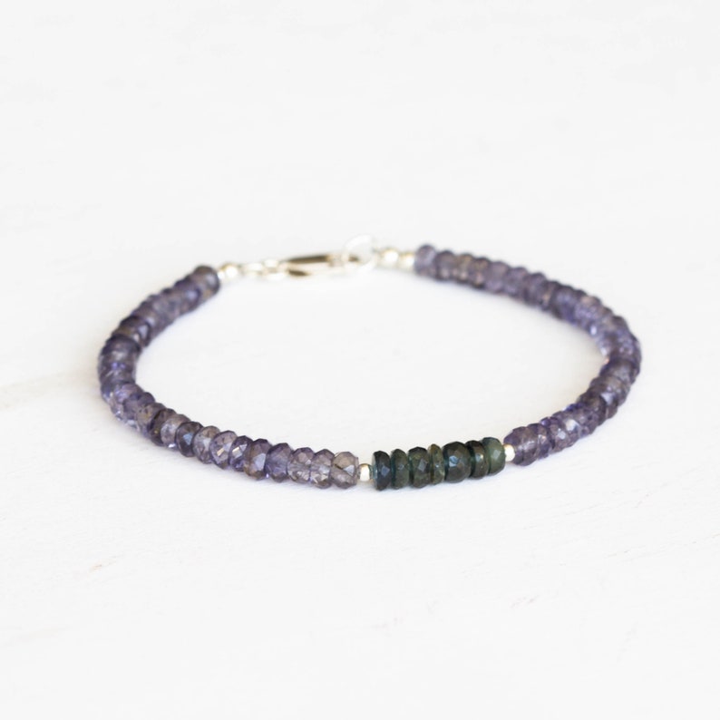 Iolite Bracelet with Green Sapphire, Sterling Silver or Rose Gold Filled, Beaded Multi Gemstone Stacking Jewelry
