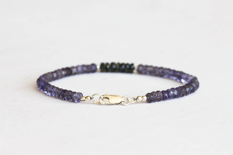 Iolite Bracelet with Green Sapphire, Sterling Silver or Rose Gold Filled, Beaded Multi Gemstone Stacking Jewelry