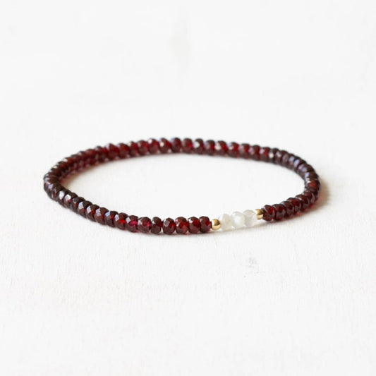 Garnet Stretch Bracelet with Gray Moonstone, Dainty Beaded Red Gemstone Elastic Stacking Jewelry