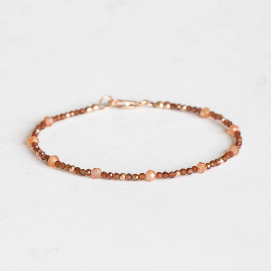 Dainty Brown Zircon Bracelet with Sunstone, Delicate Multi Gemstone Beaded Jewelry