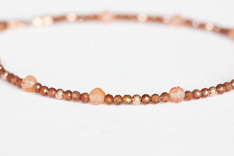 Dainty Brown Zircon Bracelet with Sunstone, Delicate Multi Gemstone Beaded Jewelry