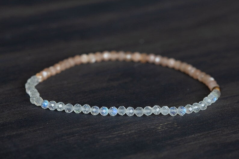 Rainbow and Peach Moonstone Stretch Bracelet, Dainty Beaded Gemstone Jewelry