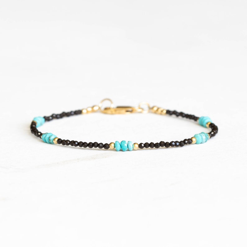 Dainty Black Spinel Bracelet with Genuine Turquoise, Natural Gemstone Jewelry