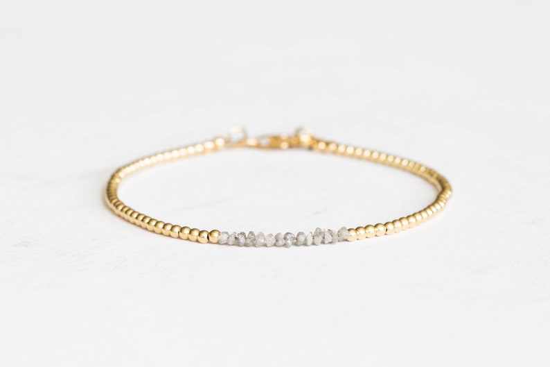 Rough Gray Diamond Bracelet with Rose Gold Fill or Sterling Silver, Dainty Raw April Birthstone Beaded Jewelry