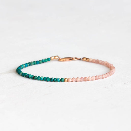 Rhodochrosite & Chrysocolla Bracelet, Delicate Pink Gemstone Beaded Jewelry, Small Micro Faceted Beads, Rose Gold Fill or Sterling Silver