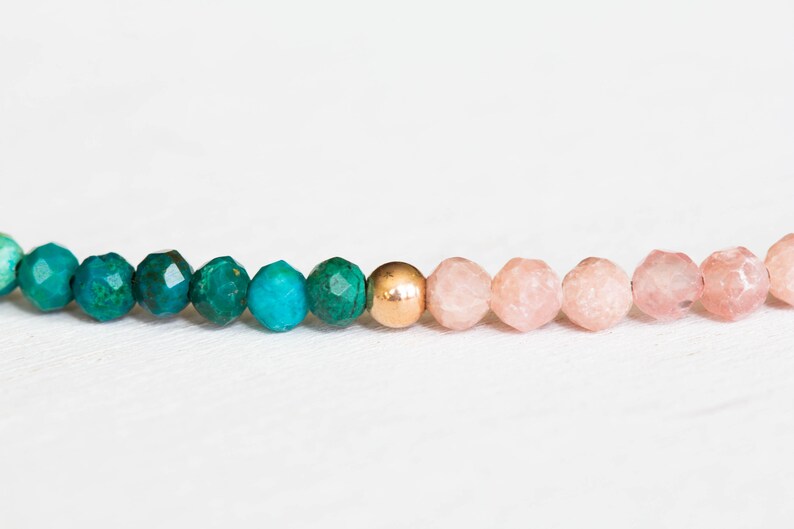 Rhodochrosite & Chrysocolla Bracelet, Delicate Pink Gemstone Beaded Jewelry, Small Micro Faceted Beads, Rose Gold Fill or Sterling Silver