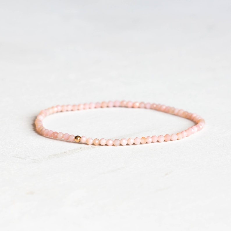 Dainty Pink Opal Stretch Bracelet, Ultra Delicate Beaded Pink Gemstone Jewelry