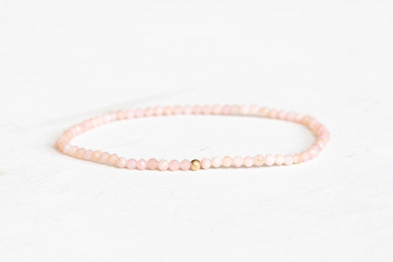 Dainty Pink Opal Stretch Bracelet, Ultra Delicate Beaded Pink Gemstone Jewelry
