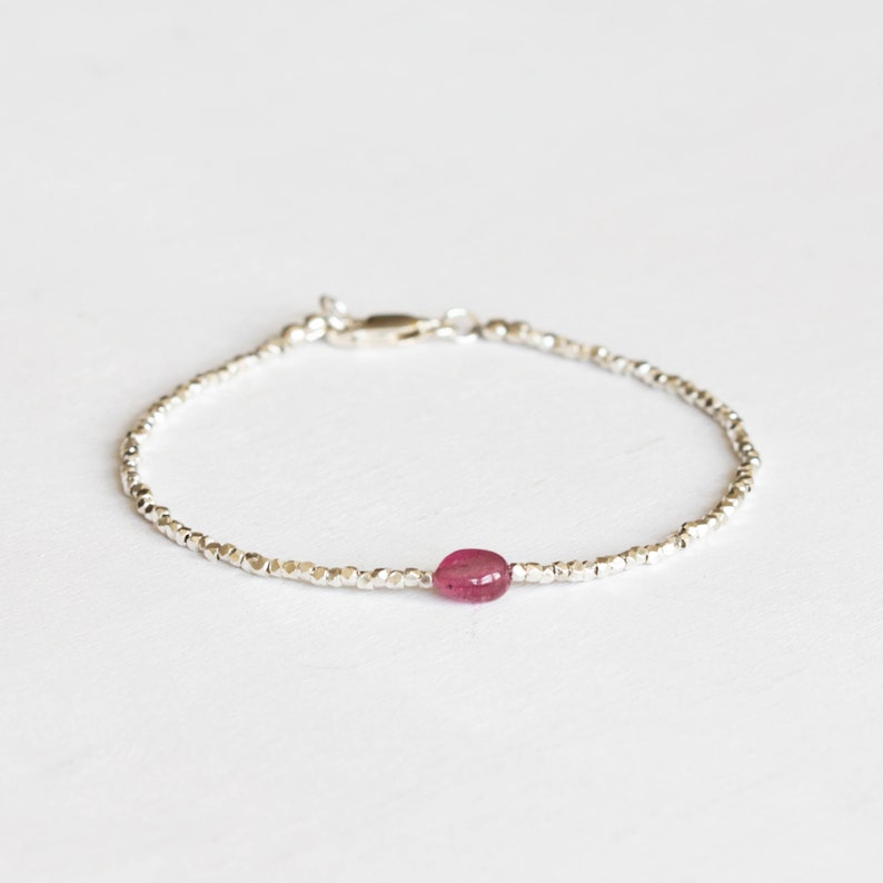 Dainty Fine Silver Bracelet with Pink Sapphire, Skinny Karen Hill Tribe Silver Stacking Bracelet