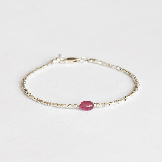 Dainty Fine Silver Bracelet with Pink Sapphire, Skinny Karen Hill Tribe Silver Stacking Bracelet