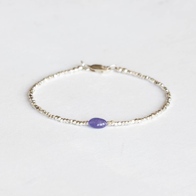 Dainty Fine Silver Bracelet with Tanzanite, Skinny Karen Hill Tribe Silver Stacking Bracelet