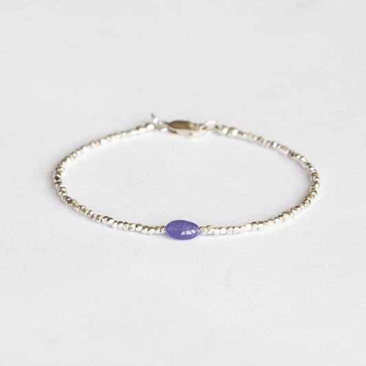 Dainty Fine Silver Bracelet with Tanzanite, Skinny Karen Hill Tribe Silver Stacking Bracelet
