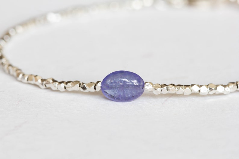 Dainty Fine Silver Bracelet with Tanzanite, Skinny Karen Hill Tribe Silver Stacking Bracelet