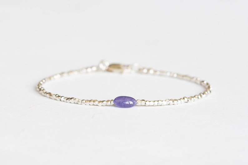 Dainty Fine Silver Bracelet with Tanzanite, Skinny Karen Hill Tribe Silver Stacking Bracelet
