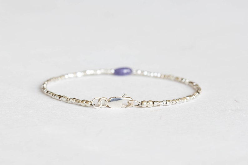 Dainty Fine Silver Bracelet with Tanzanite, Skinny Karen Hill Tribe Silver Stacking Bracelet
