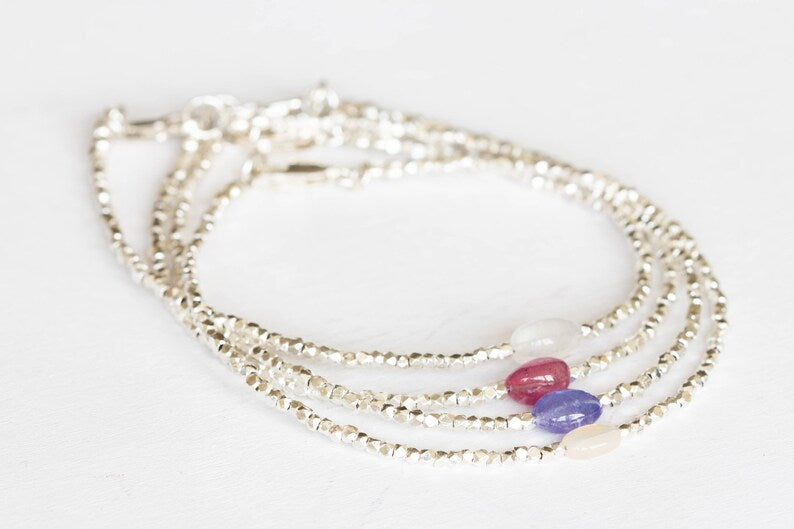 Dainty Fine Silver Bracelet with Tanzanite, Skinny Karen Hill Tribe Silver Stacking Bracelet