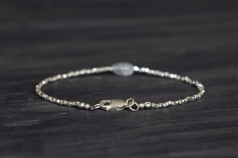 Dainty Fine Silver Bracelet with Rainbow Moonstone, Skinny Karen Hill Tribe Silver Stacking Bracelet