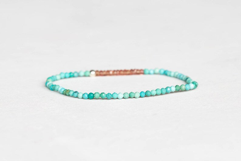 Dainty Turquoise Stretch Bracelet with Peach Sapphire, Delicate Beaded Arizona Turquoise Jewelry