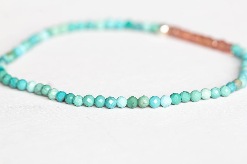 Dainty Turquoise Stretch Bracelet with Peach Sapphire, Delicate Beaded Arizona Turquoise Jewelry