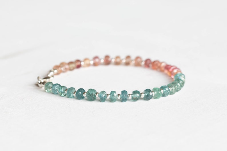 Pink & Blue Tourmaline Bracelet, Beaded Indicolite and Peach Gemstone Jewelry