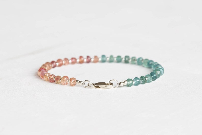 Pink & Blue Tourmaline Bracelet, Beaded Indicolite and Peach Gemstone Jewelry