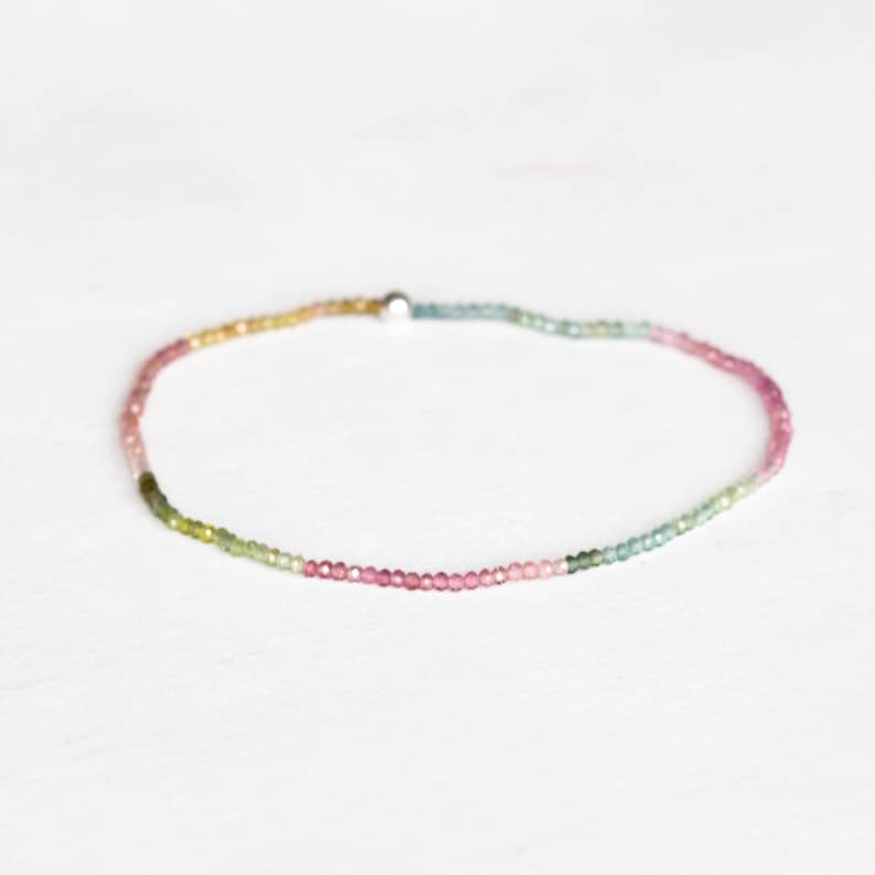 Ultra Dainty Tourmaline Stretch Bracelet, Delicate Beaded Shaded Watermelon Petro Colors