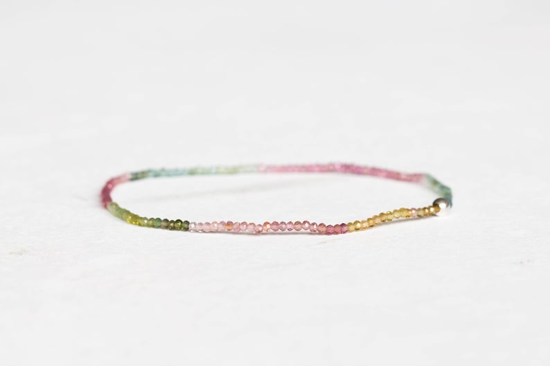 Ultra Dainty Tourmaline Stretch Bracelet, Delicate Beaded Shaded Watermelon Petro Colors