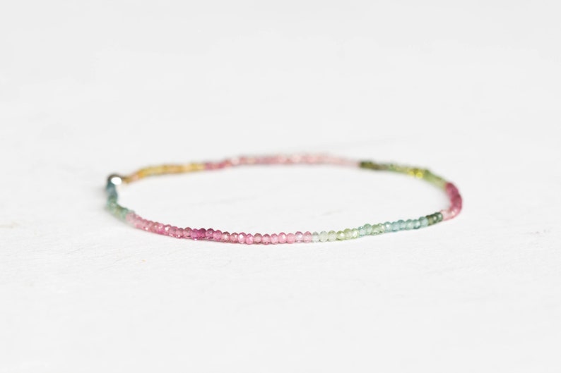 Ultra Dainty Tourmaline Stretch Bracelet, Delicate Beaded Shaded Watermelon Petro Colors