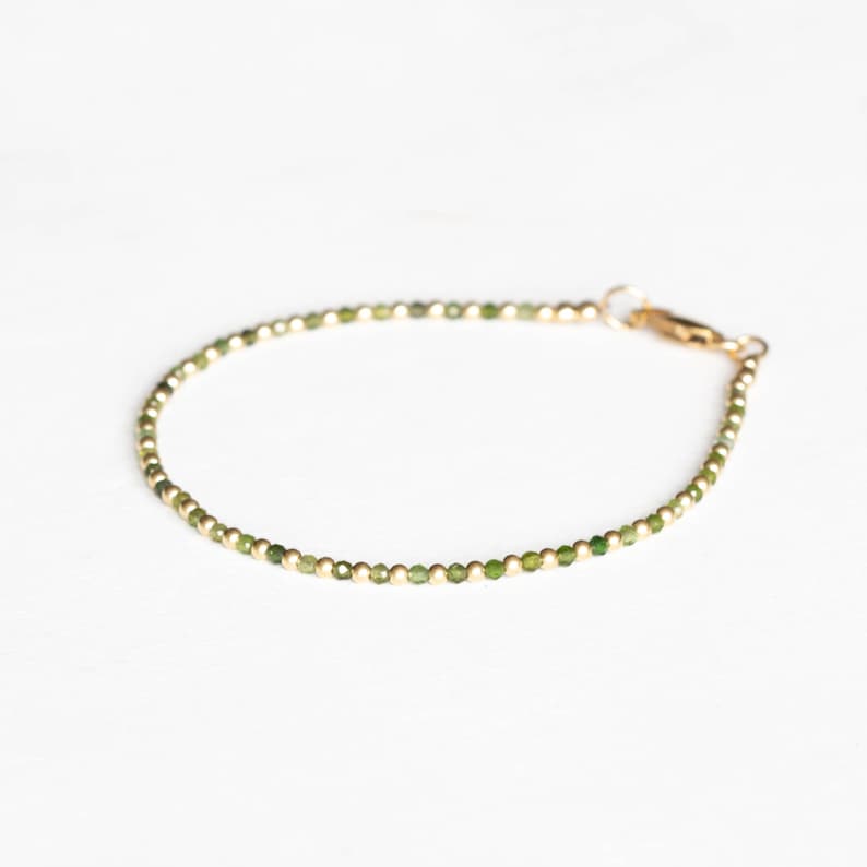 Green Tourmaline Bracelet with Rose Gold Fill or Sterling Silver, Ultra Dainty Beaded October Birthstone Jewelry