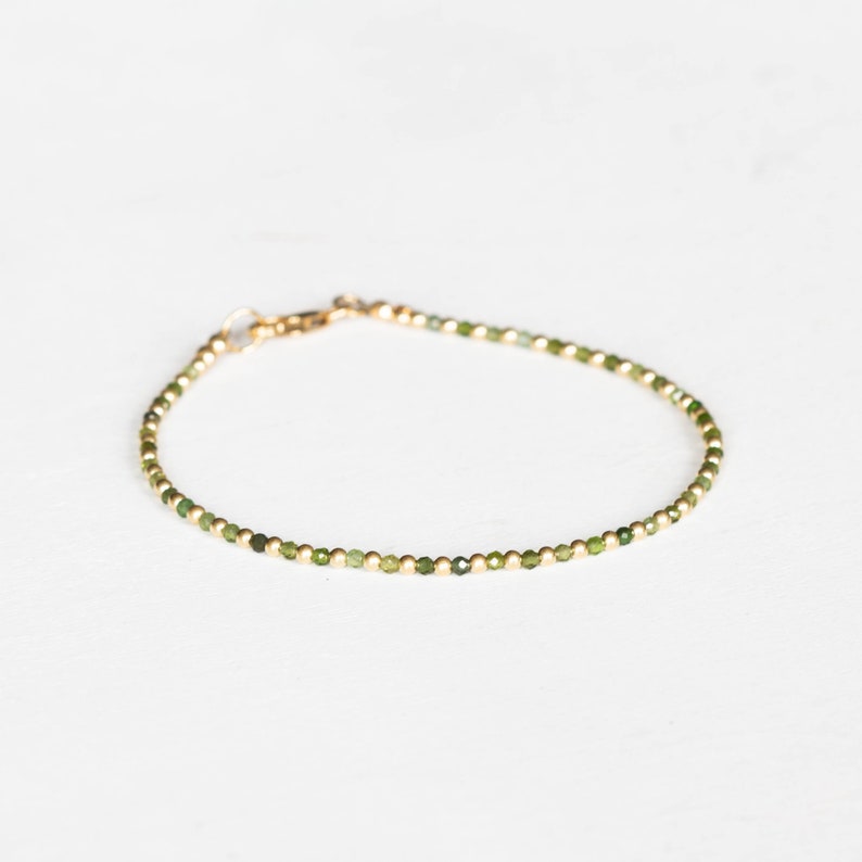 Green Tourmaline Bracelet with Rose Gold Fill or Sterling Silver, Ultra Dainty Beaded October Birthstone Jewelry