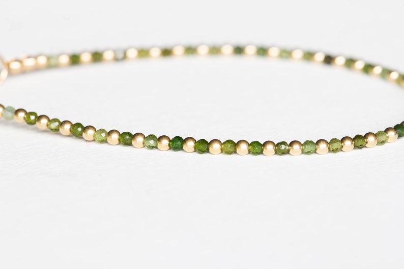 Green Tourmaline Bracelet with Rose Gold Fill or Sterling Silver, Ultra Dainty Beaded October Birthstone Jewelry
