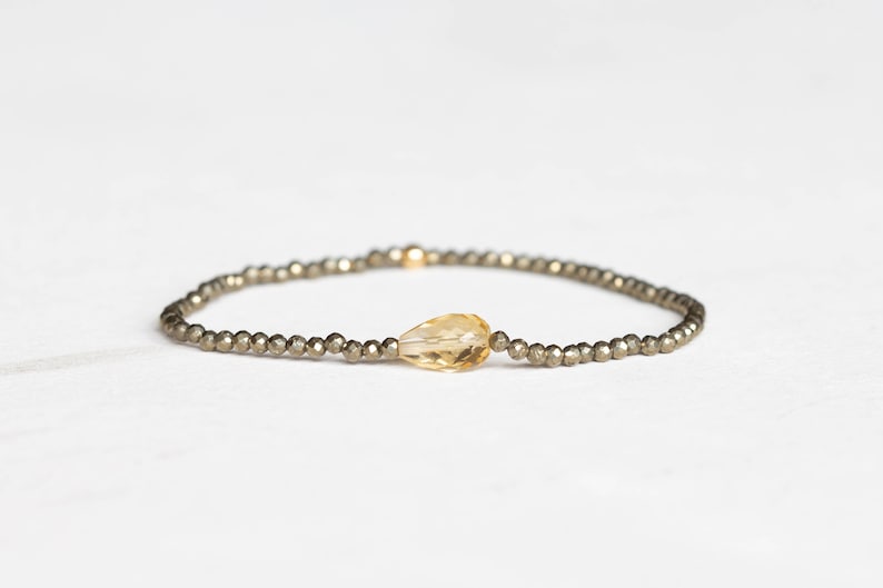 Dainty Pyrite Stretch Bracelet with Citrine, Delicate Beaded Multi Gemstone Jewelry