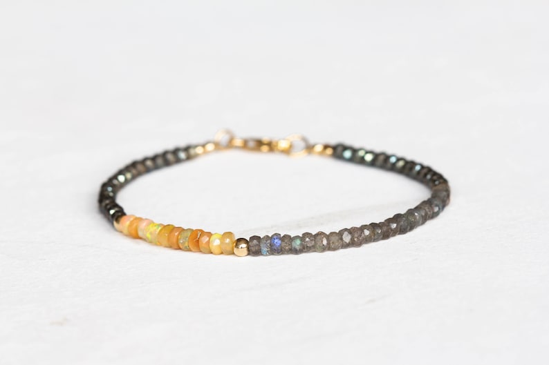 Opal, Pyrite & Labradorite Bracelet, Delicate Gemstone Beaded Bracelet, Labradorite Jewelry, Beaded Pyrite Bracelet, Multi Gemstone Stacking