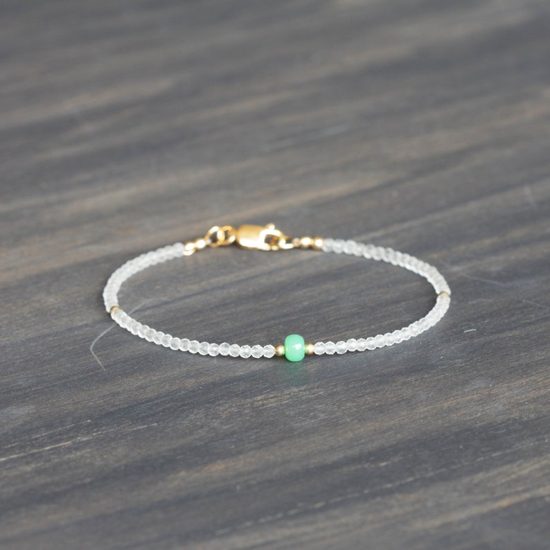 Dainty Clear Quartz Bracelet with Chrysoprase, Beaded Genuine Gemstone Jewelry