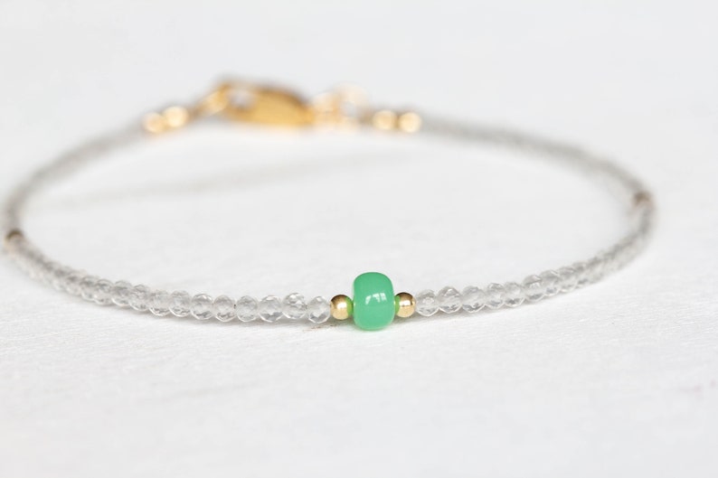 Dainty Clear Quartz Bracelet with Chrysoprase, Beaded Genuine Gemstone Jewelry