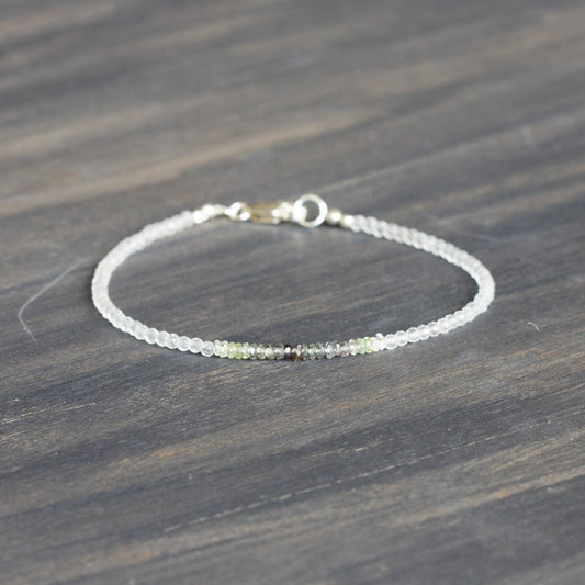 Dainty Clear Quartz Bracelet with Shaded Sapphire, Beaded Genuine Gemstone Jewelry