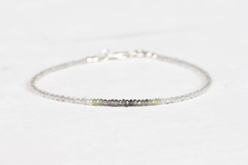 Dainty Clear Quartz Bracelet with Shaded Sapphire, Beaded Genuine Gemstone Jewelry