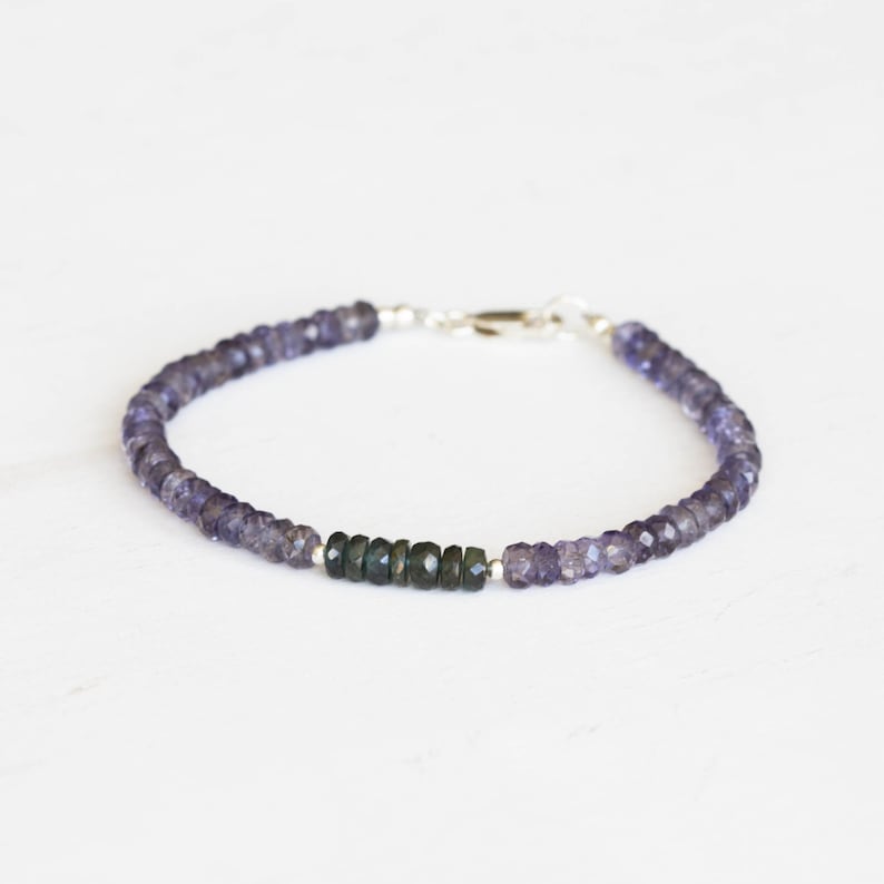 Iolite Bracelet with Green Sapphire, Sterling Silver or Rose Gold Filled, Beaded Multi Gemstone Stacking Jewelry