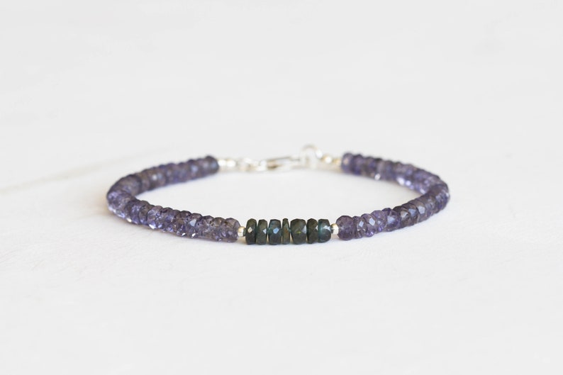 Iolite Bracelet with Green Sapphire, Sterling Silver or Rose Gold Filled, Beaded Multi Gemstone Stacking Jewelry