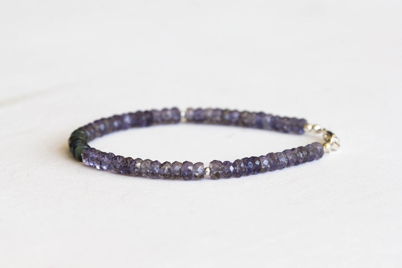 Iolite Bracelet with Green Sapphire, Sterling Silver or Rose Gold Filled, Beaded Multi Gemstone Stacking Jewelry