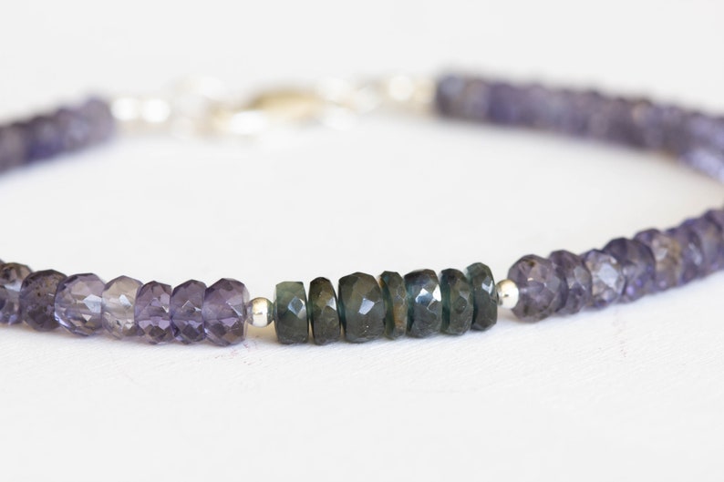 Iolite Bracelet with Green Sapphire, Sterling Silver or Rose Gold Filled, Beaded Multi Gemstone Stacking Jewelry