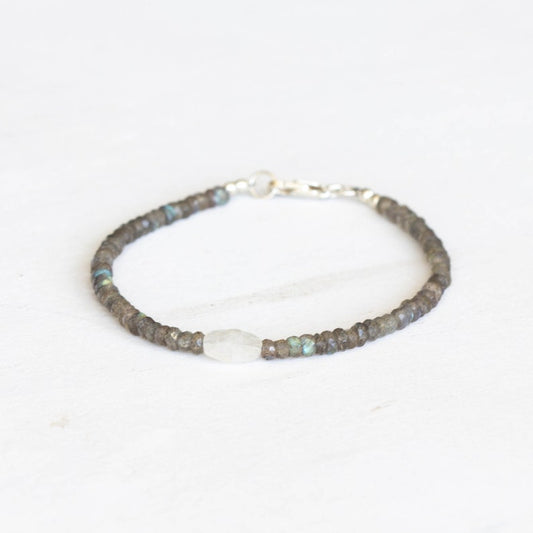 Dainty Labradorite Bracelet with Rainbow Moonstone, Multi Gemstone Beaded Jewelry