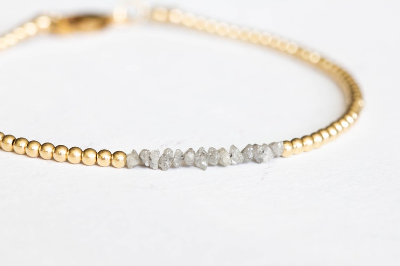 Rough Gray Diamond Bracelet with Rose Gold Fill or Sterling Silver, Dainty Raw April Birthstone Beaded Jewelry